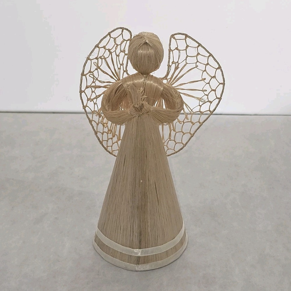 Vtg Corn Husk Doll Hand Crafted Wicker Angel Wings & Praying Hands